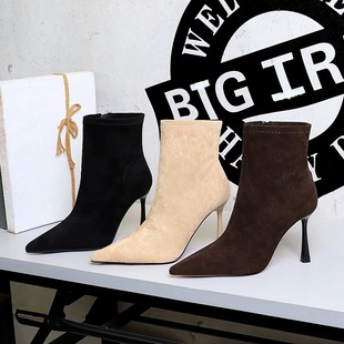 10公分韩版风气质时装靴女高级感绒面尖头细跟 侧拉链高跟瘦瘦靴