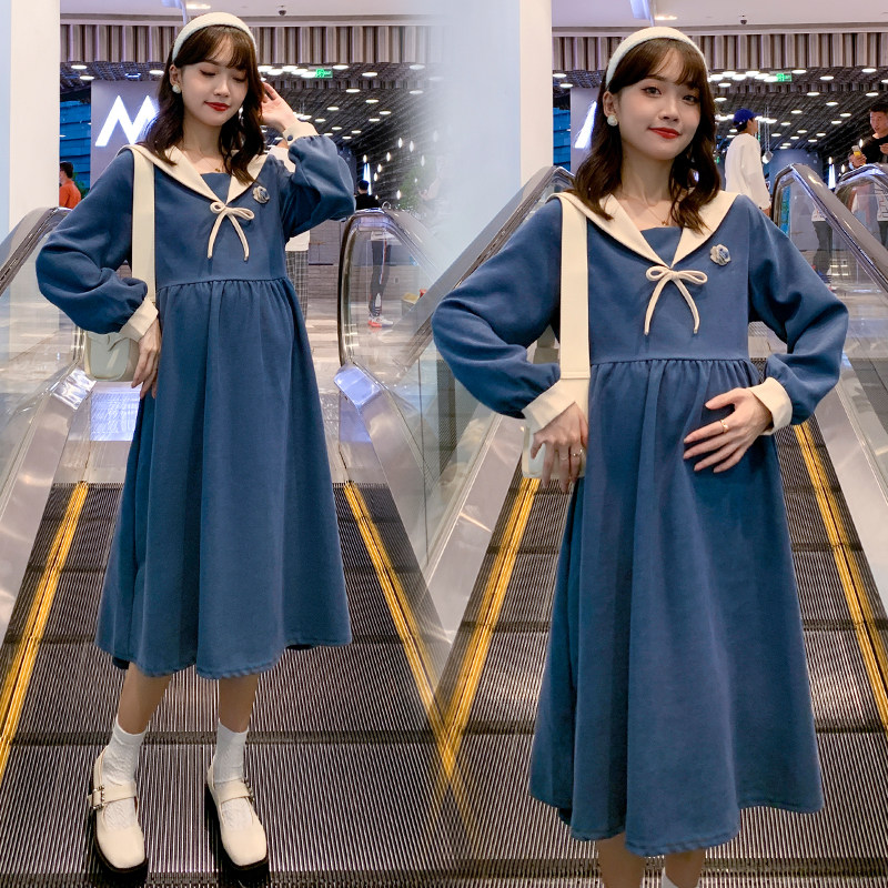 MATERNITY AUTUMN DRESS FASHION NAVY COLLAR LONG SLEEVE CORDUROY MATERNITY DRESS 2022 NEW DRESS AUTUMN WINTER DRESS SKIRT