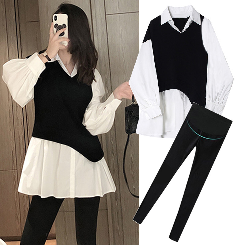 PREGNANT WOMEN AUTUMN CLOTHES SET 2024 FASHION STYLE INTERNET CELEBRITY FAKE TWO-PIECE TEMPERAMENT SPRING AND AUTUMN DRESS LONG SLEEVE AUTUMN TOP WOMEN