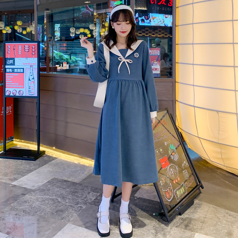 MATERNITY AUTUMN DRESS FASHION NAVY COLLAR LONG SLEEVE CORDUROY MATERNITY DRESS 2022 NEW DRESS AUTUMN WINTER DRESS SKIRT