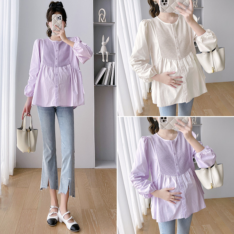 2024 출산 착용 가을 새로운 다목적 패션 유행 엄마 느슨한 슬리밍 작은 신선한 셔츠 접합 탑 셔츠