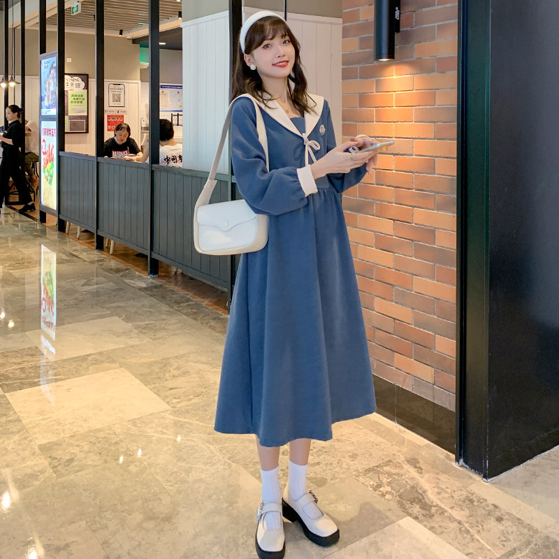 MATERNITY AUTUMN DRESS FASHION NAVY COLLAR LONG SLEEVE CORDUROY MATERNITY DRESS 2022 NEW DRESS AUTUMN WINTER DRESS SKIRT