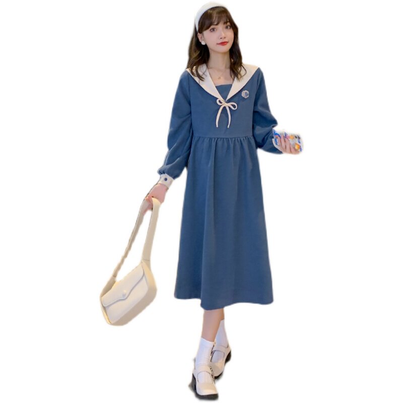 MATERNITY AUTUMN DRESS FASHION NAVY COLLAR LONG SLEEVE CORDUROY MATERNITY DRESS 2022 NEW DRESS AUTUMN WINTER DRESS SKIRT