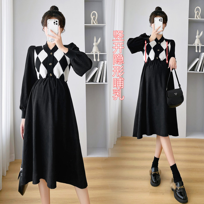 MATERNITY CLOTHES AUTUMN WINTER 2022 NEW FASHION INTERNET CELEBRITY KOREAN VERSION FASHION SPLICED JACQUARD KNITTED NURSING DRESS WOMEN