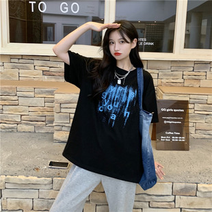 爵士舞服装女夏季韩版纯棉街舞短袖T恤中长款宽松jazz舞蹈服上衣