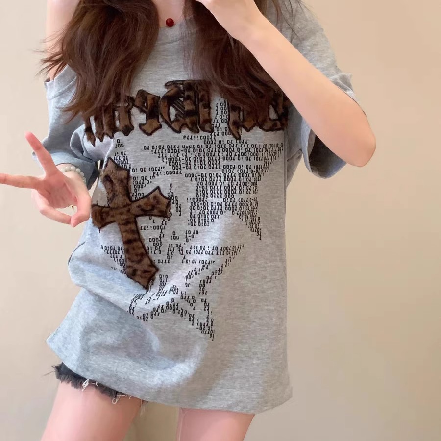 美式斜肩短袖t恤女2025新款夏季豹紋毛巾繡重磅潮牌寬松露肩上衣