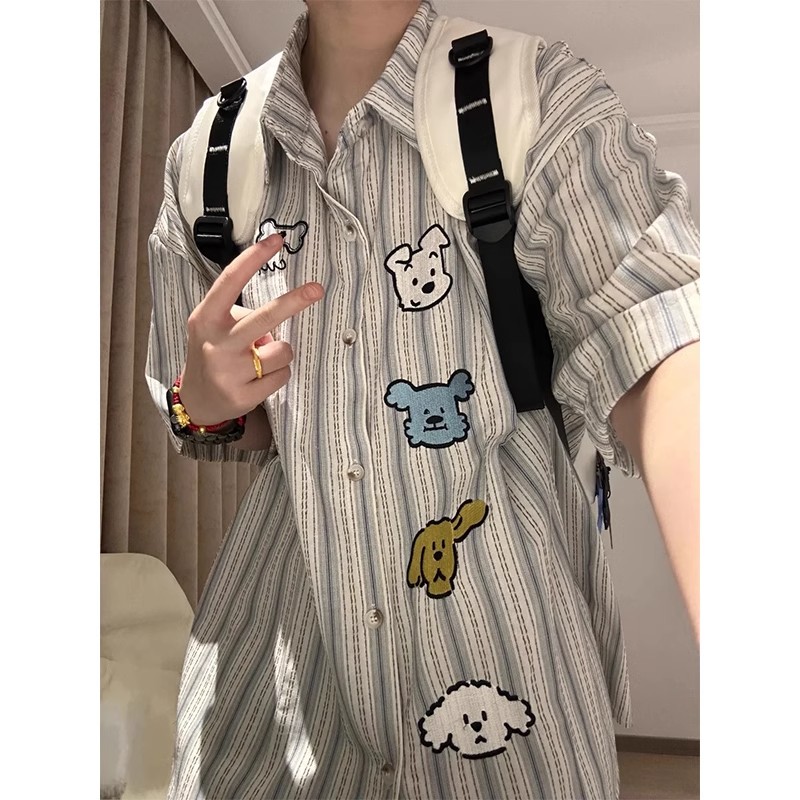 愛(ài)小狗刺繡條紋短袖襯衫女夏季美式復(fù)古潮牌寬松小個(gè)子休閑上衣