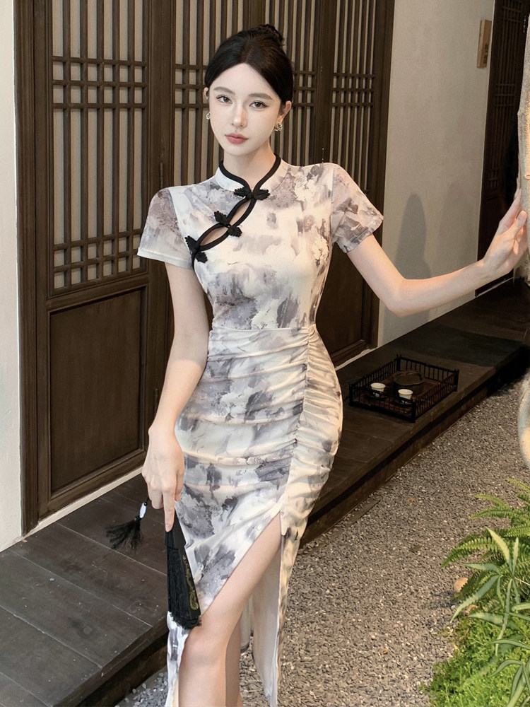 데일리 슬림 섹시한 메쉬 개선 치파오 2024 새로운 여름 새로운 중국 스타일 복고풍 엉덩이 덮는 슬릿 드레스