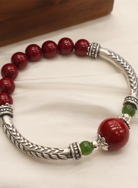 新中式天然南红朱砂纯银单圈手链麦穗老蜜蜡吊坠手饰品手镯百搭