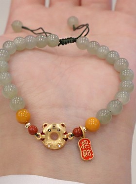 招财纯银虎年本命年天然和田玉手链女蜜蜡编织手绳手饰品百搭