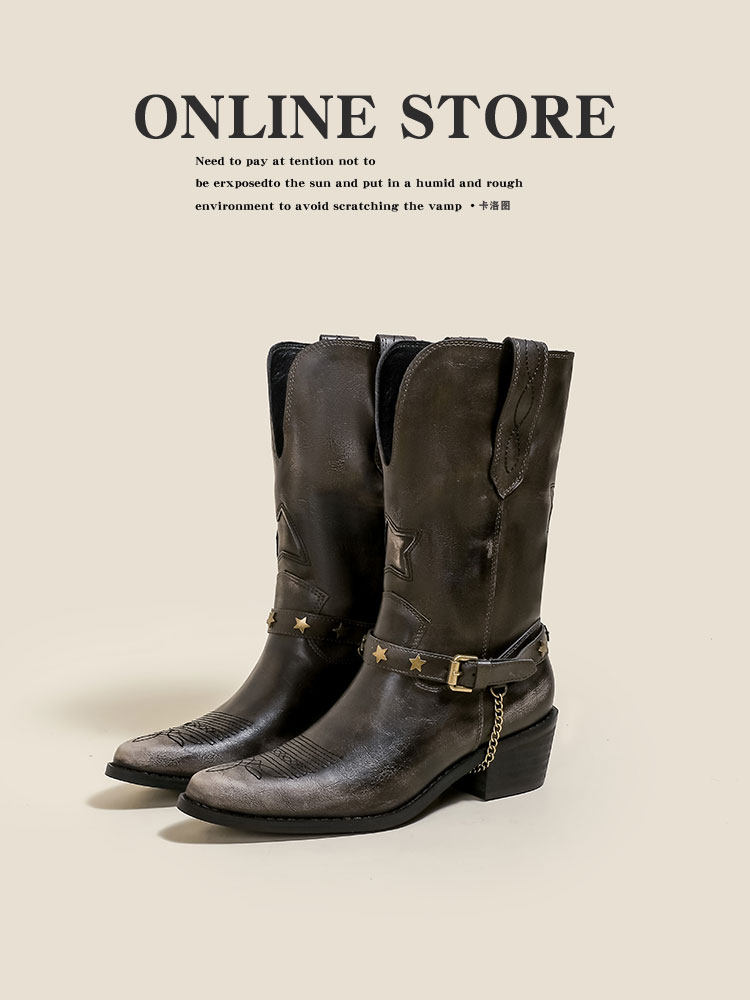 칼로토  가죽 자수 웨스턴 카우보이 부츠 여성용 황무지 스타일 낡고 긁힌 오각별 종아리 중간 부츠 마틴 부츠
