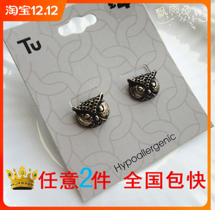 欧美外贸可爱代工厂猫头鹰立体小巧耳钉耳环古铜色复古宫廷哥特女