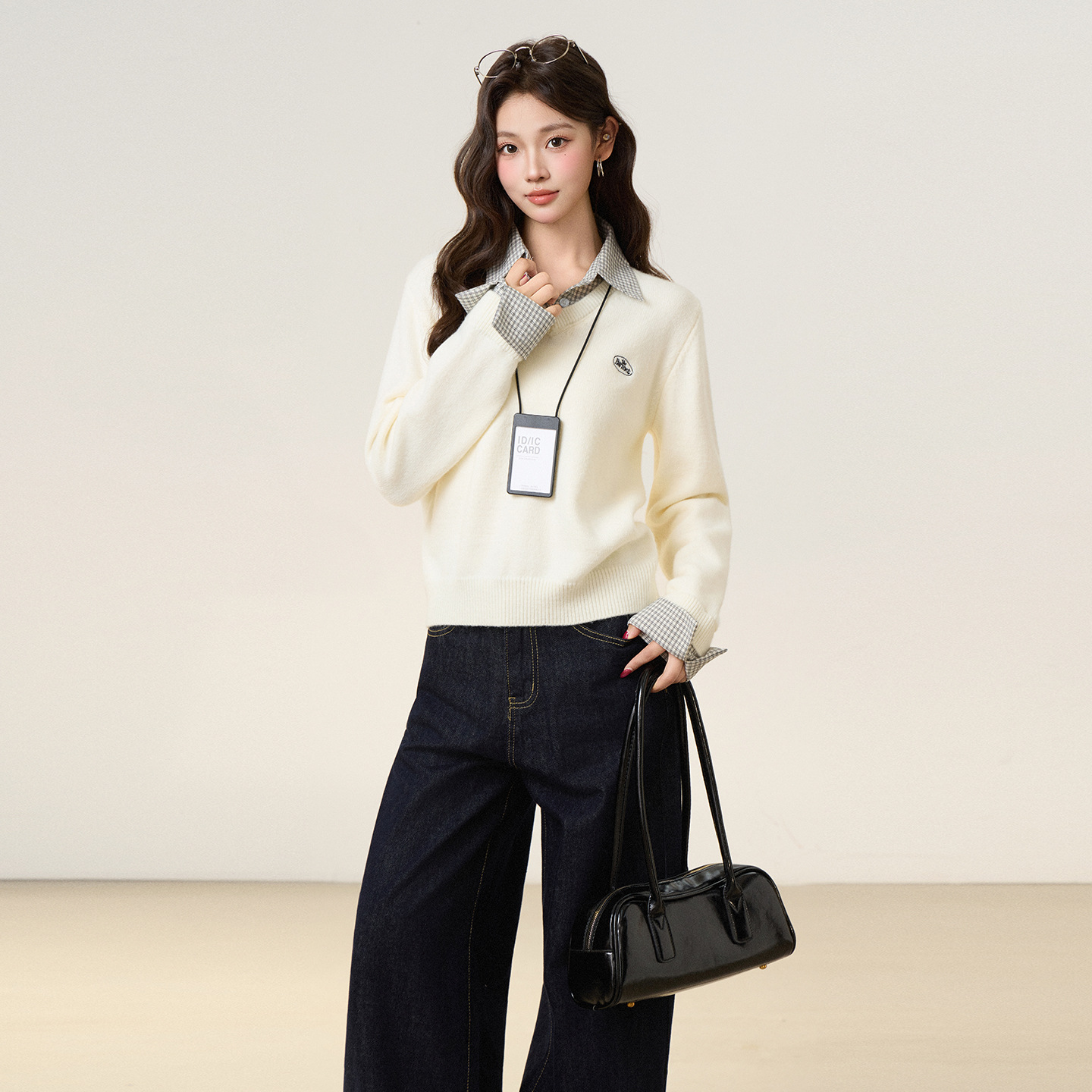 杏色假两件格纹POLO领毛衣外套长袖针织打底衫内搭秋冬加厚上衣女