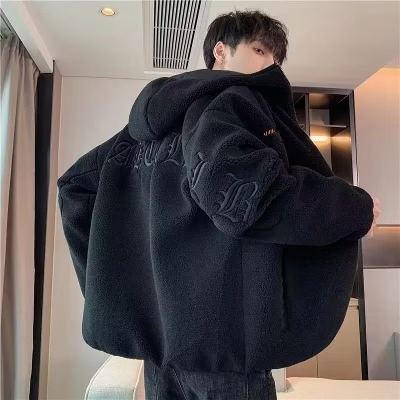 羊羔绒外套男士秋冬款颗粒绒加绒开衫连帽卫衣青少年学生棉衣