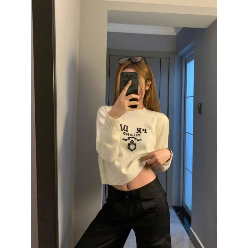 经典推荐 花灰色字母毛衣女羊毛三角标徽章长袖短款针织上衣现货