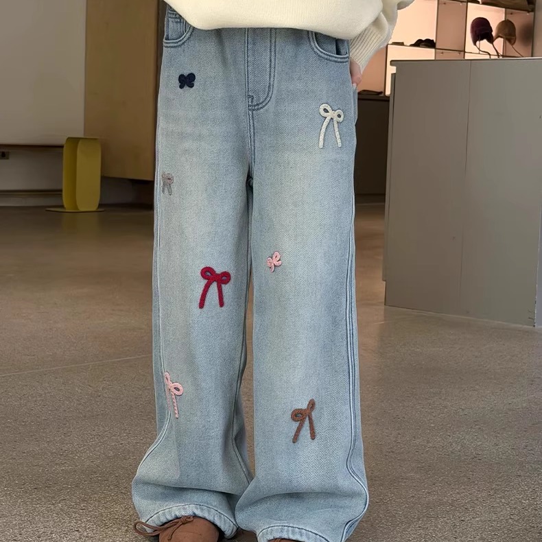 儿童加绒牛仔裤女童加厚阔腿裤