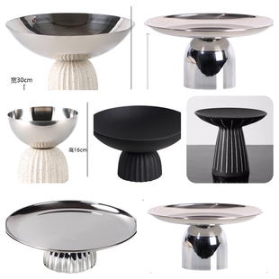 简约现代高脚银色水果盘摆件托盘创意家用客厅茶几点心蛋糕盘展示