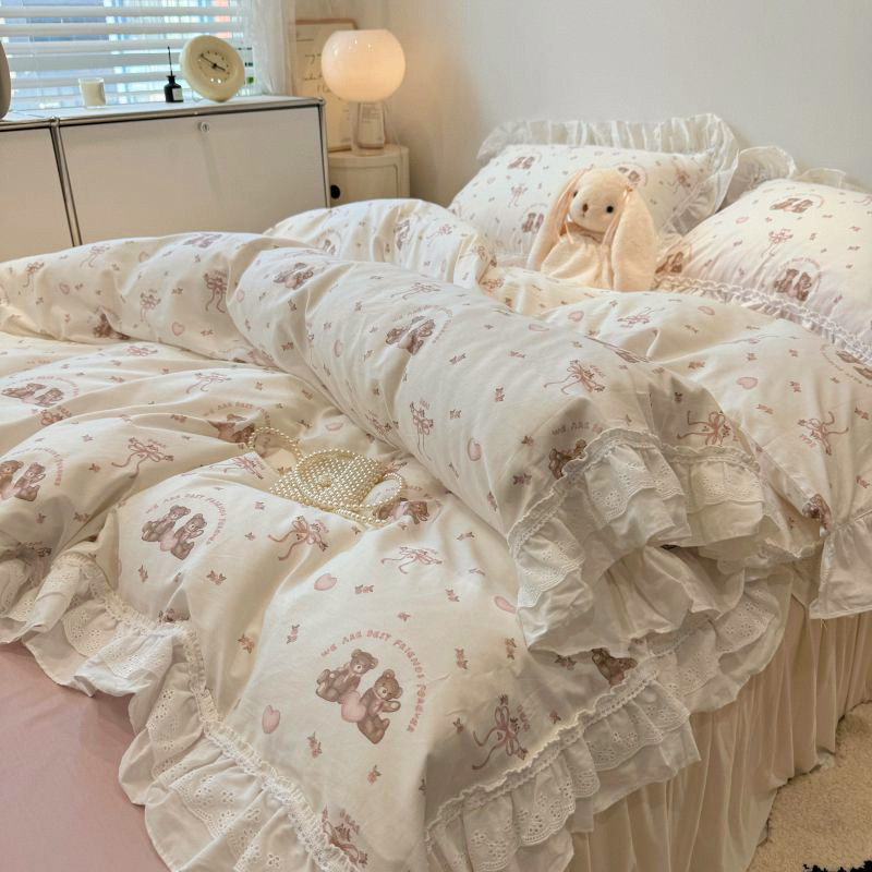 熊熊乐园纯棉床上四件套全棉被套床单ins风小碎花可爱小熊卡通风
