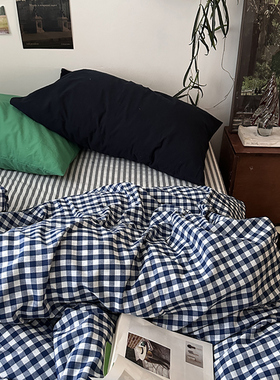 简约格子床上四件套纯棉100双人被套床单床笠款全棉四件套慵懒风