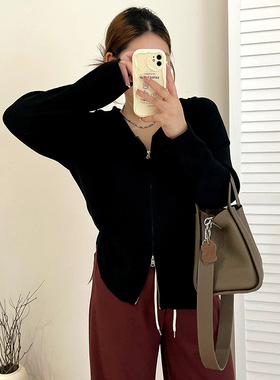大码女装秋款外套连帽双拉链上衣2025春mm宽松针织开衫21921