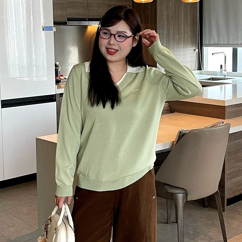 乃粒23679大码女装假两件polo领上衣26春胖mm宽松休闲长袖针织衫