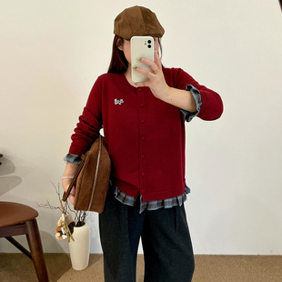 乃粒23697大码女装撞色格子木耳边上衣2025冬胖mm刺绣针织开衫女