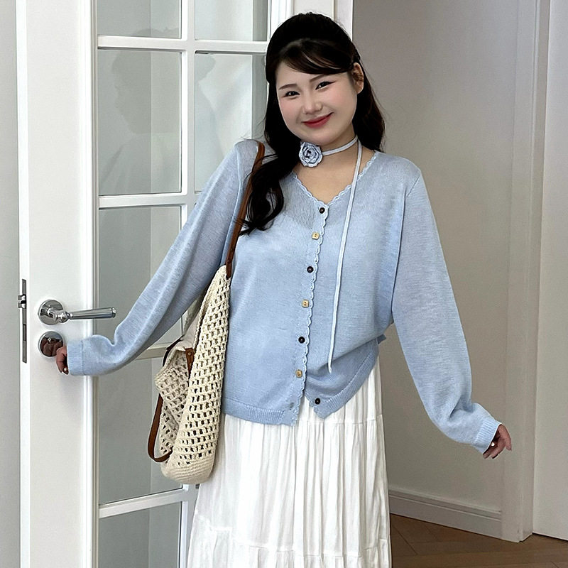 23827大码女装休闲v领薄款外套2026春夏胖mm百搭宽松针织开衫