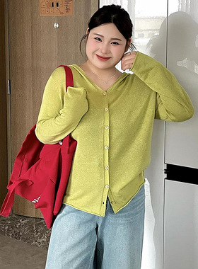 大码女装休闲v领连帽薄款开衫2026夏胖mm显瘦女针织衫V23883正品