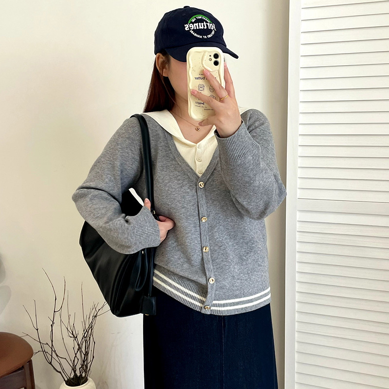 乃粒23236大码女装撞色假两件海军上衣毛衣2025冬胖mm休闲针织衫