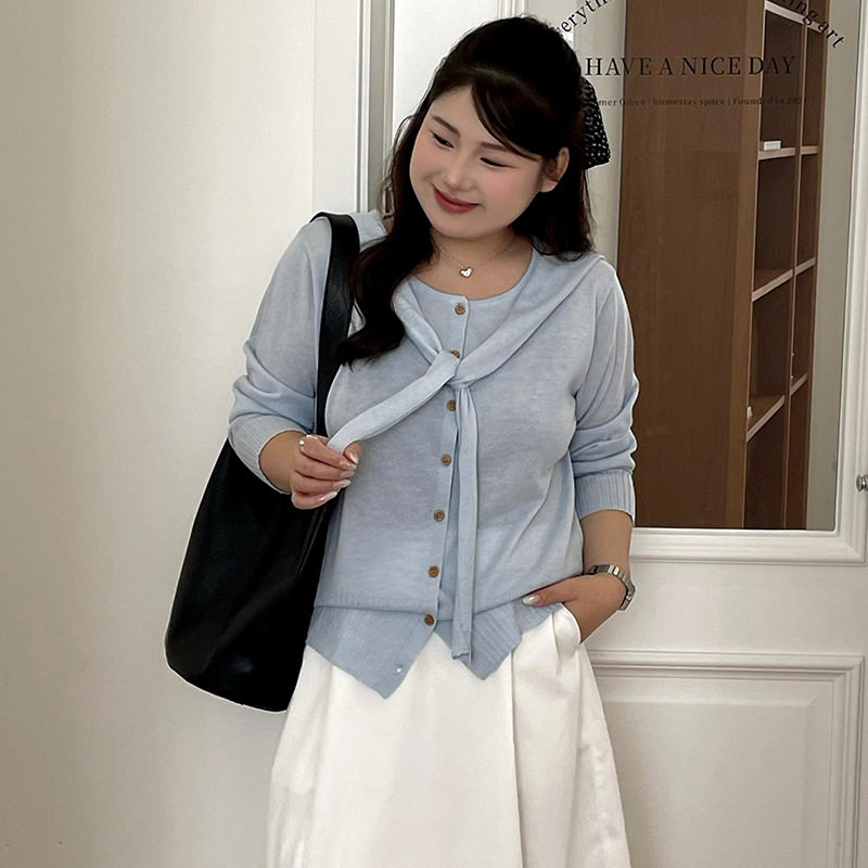 乃粒23739大码女装假两件披肩针织衫女2026夏款胖mm休闲长袖开衫