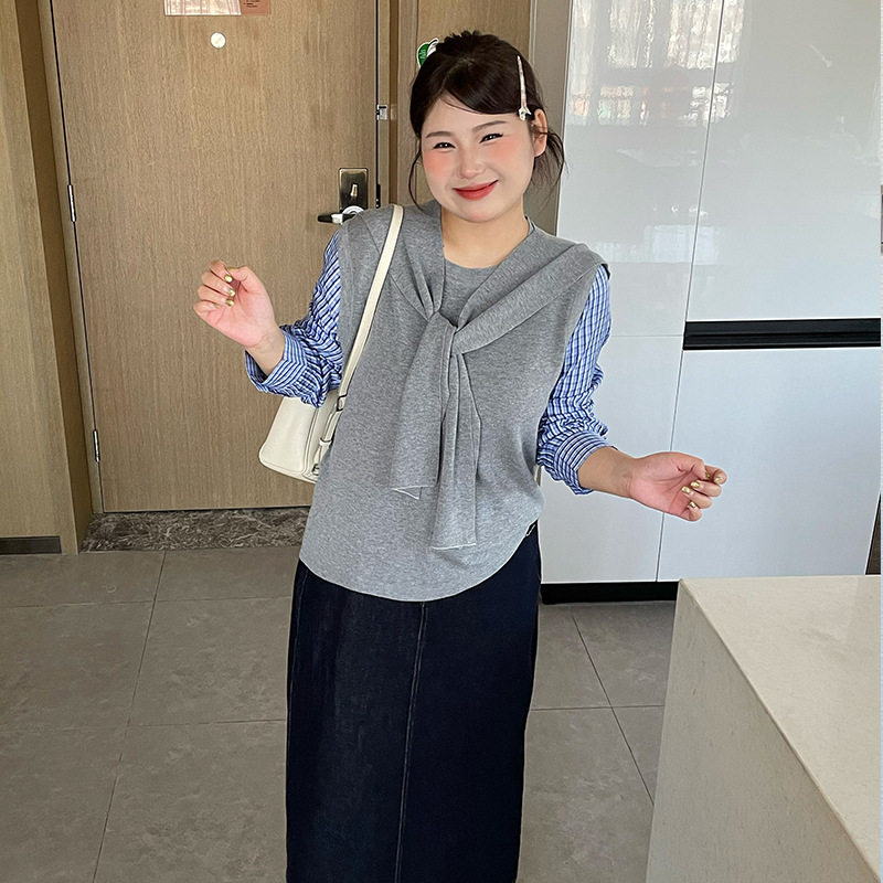 乃粒23678大码女装气质披肩假两件上衣2026春胖mm宽松休闲针织衫