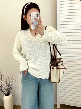 乃粒大码气质甜美蕾丝上衣外穿内搭镂空毛衣25秋胖mm针织衫23303