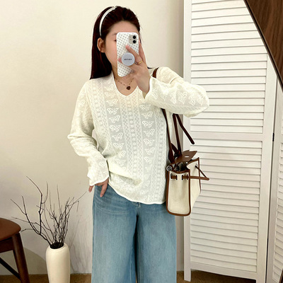 乃粒大码气质甜美蕾丝上衣外穿内搭镂空毛衣25秋胖mm针织衫23303