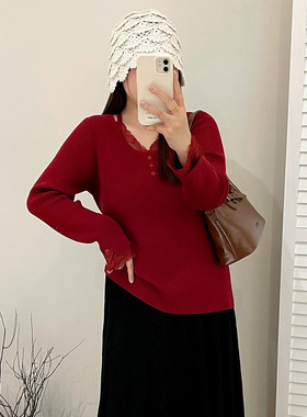 乃粒23531大码女装设计感花边上衣气质毛衣2025冬胖mm打底针织衫