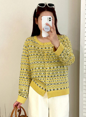 乃粒大码女装针织开衫女宽松上衣2025秋款胖mm复古提花外套23225