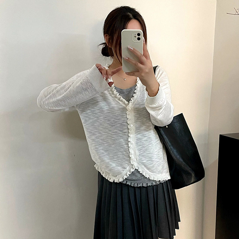 乃粒23958大码女装v领假两件上衣2026春夏胖mm休闲木耳边针织开衫