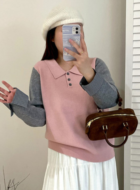 乃粒23391大码女装撞色长袖polo领毛衣2025冬胖mm宽松休闲针织衫