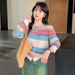乃粒22383大码女装彩色长袖上衣薄外套2026春夏胖mm针织衫薄外套