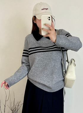 乃粒23316大码女装polo领撞色条纹毛衣2025冬胖mm休闲宽松针织衫