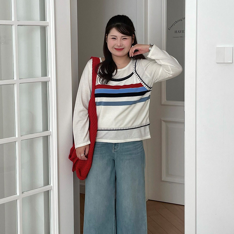 乃粒23808大码女装设计感撞色假两件上衣26春胖mm宽松休闲针织衫