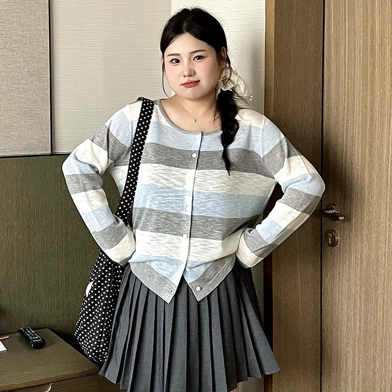 正品23801大码女装撞色条纹衫薄款长袖外套2026春夏胖mm针织开衫