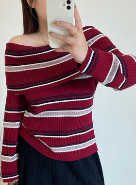 乃粒23729大码女装设计感一字领上衣毛衣25冬胖mm显瘦条纹针织衫