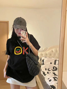 夏季纯棉短袖t恤女潮牌新款爆款正肩设计感美式半袖宽松黑色上衣