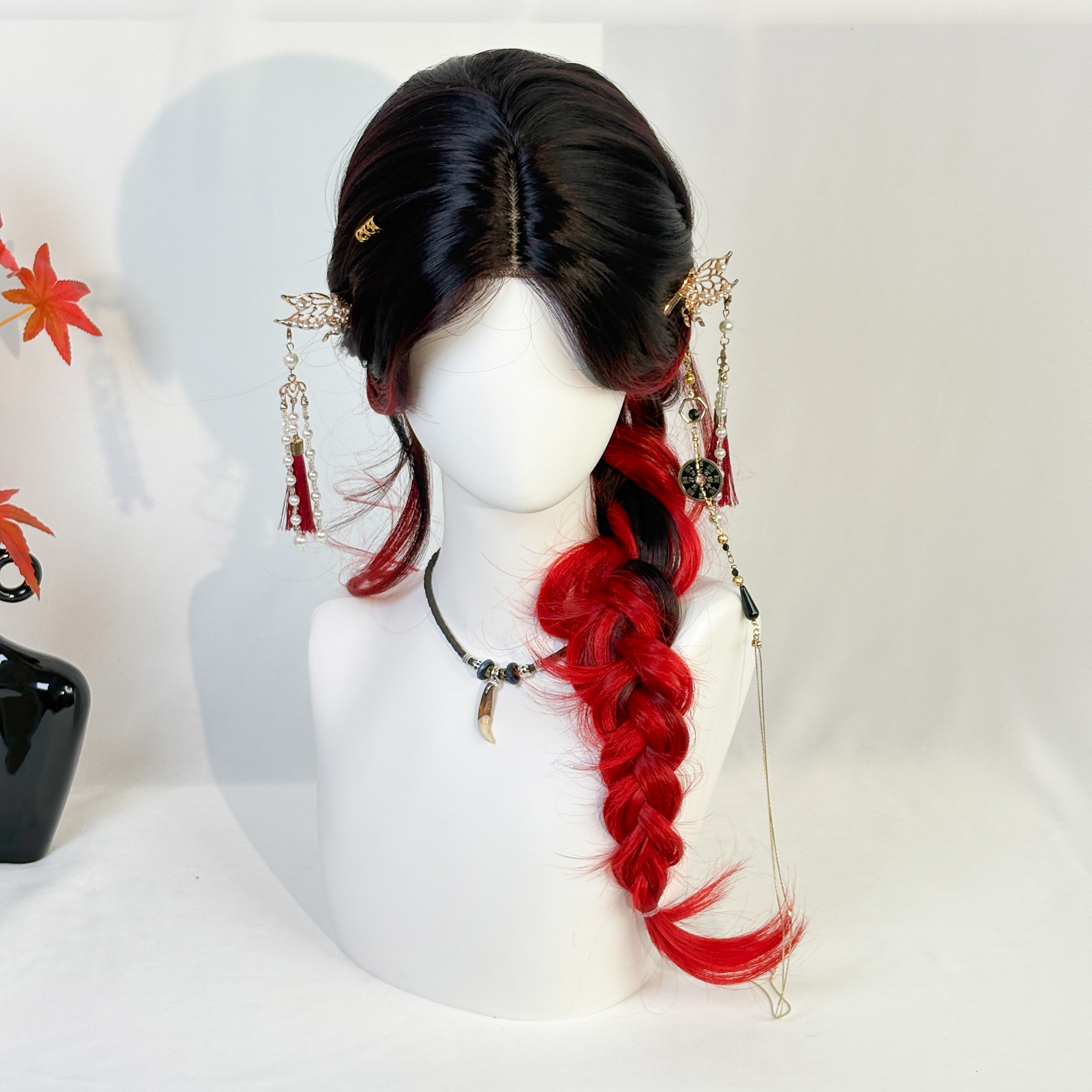 红色假发中分刘海渐变挑染长卷发