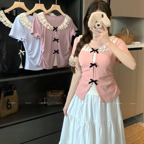圆领蕾丝假两件宽松短袖T恤女