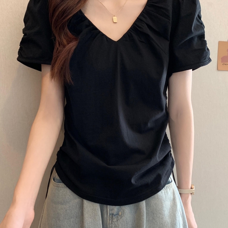 设计正肩抽绳领正短袖夏季新款大码mm不规则显瘦别致甜辣上衣女