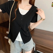 t恤女夏季 休闲假两件纯色短袖 微胖mm显瘦遮肉设计感上衣 时尚 大码