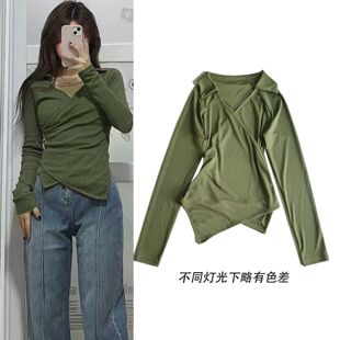 纯欲辣妹设计感交叉不规则绿色T恤翻领链条小众复古上衣内搭t恤女
