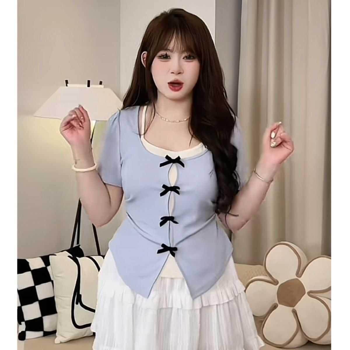 多巴胺大码假两件蝴蝶结正肩短袖t恤女胖mm夏季巨显瘦别致上衣女