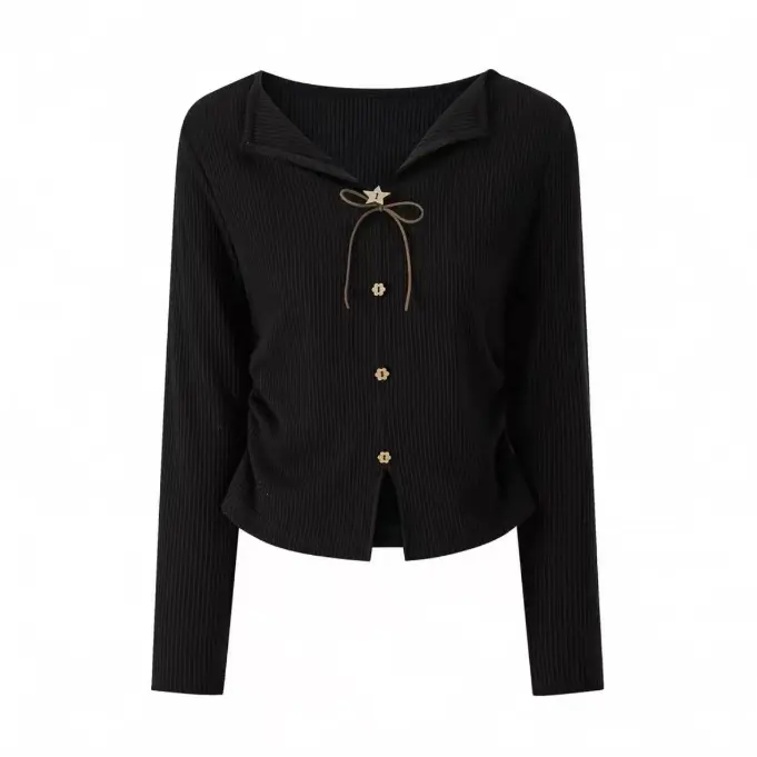 蝴蝶结v领长袖T恤小众木质五角星